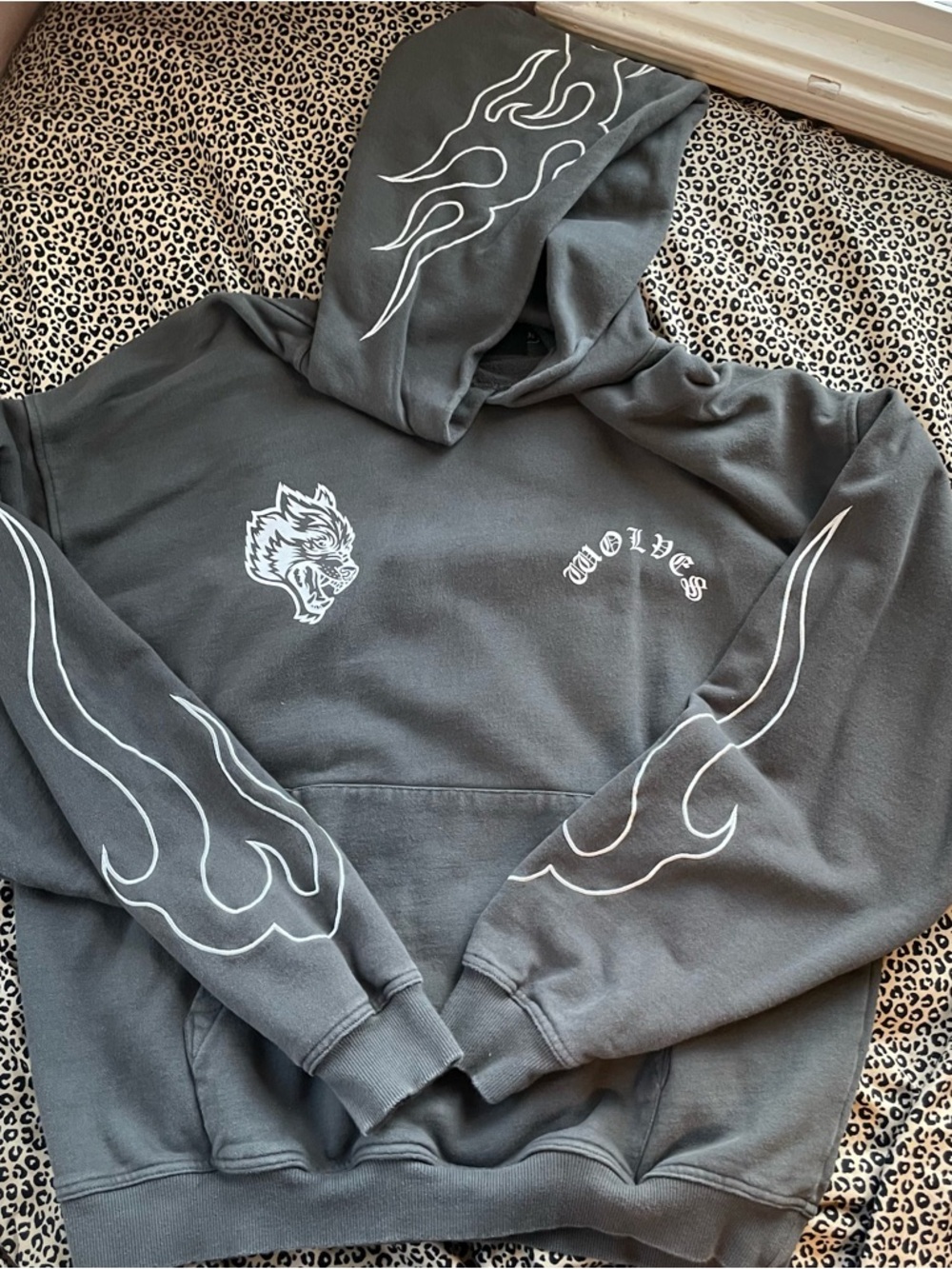 Darc Sport Charcoal Hoodie Sweatshirt with White Flame & Wolf Graphics